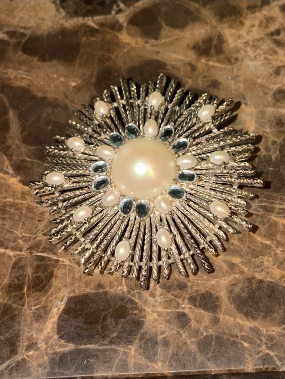 Talbots sunburst silver tone with white pearls and lice blue crystals large